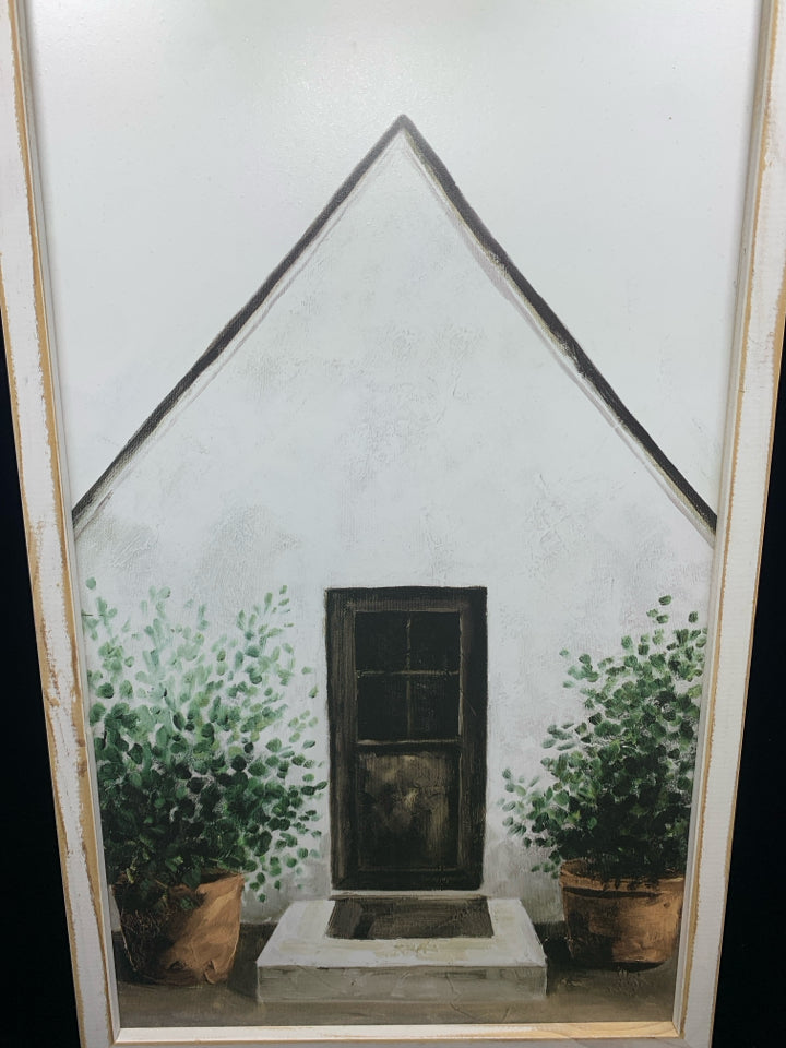 COTTAGE DOOR PRINT ON WHITE WOOD WALL HANGING.