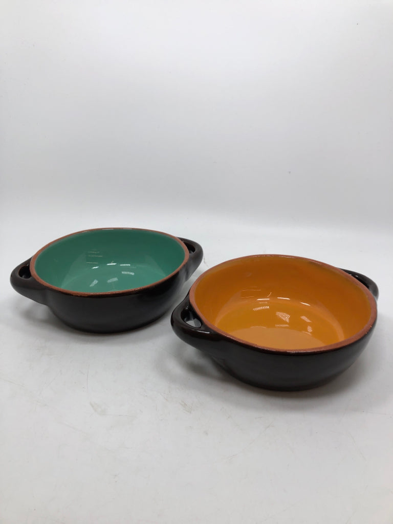 2 ORANGE/TEAL SOUP BOWLS.