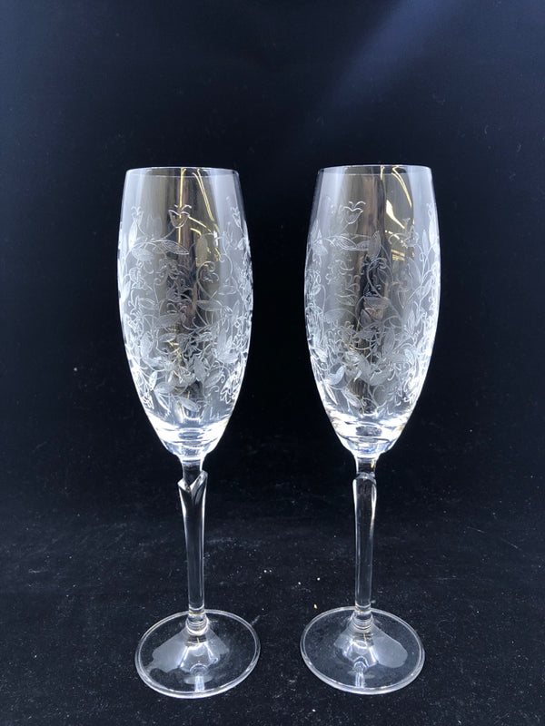 2-TULIP ETCHED CHAMPAGNE FLUTES.