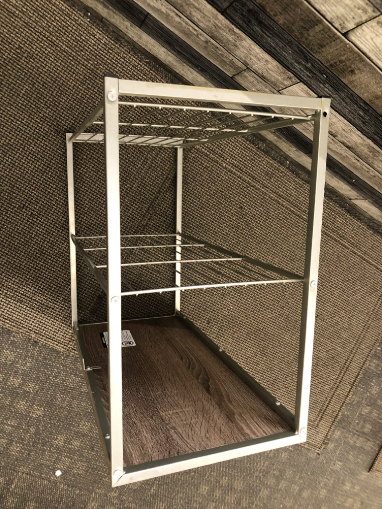 3 TIER GREY METAL/WOOD SHOE SHELF.