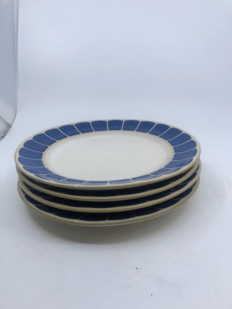 4 BLUE SQUARE PATTERN LUNCH PLATES.
