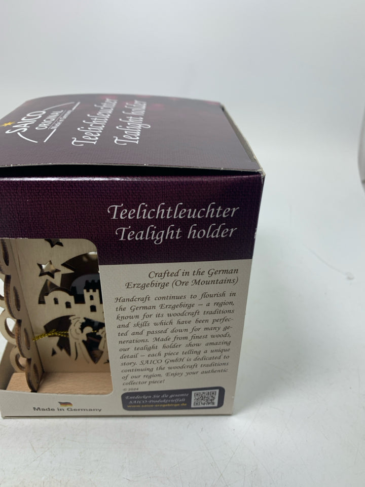 NIB SAICO WOOD MARY/JOSEPH CUTOUT TEALIGHT HOLDER.
