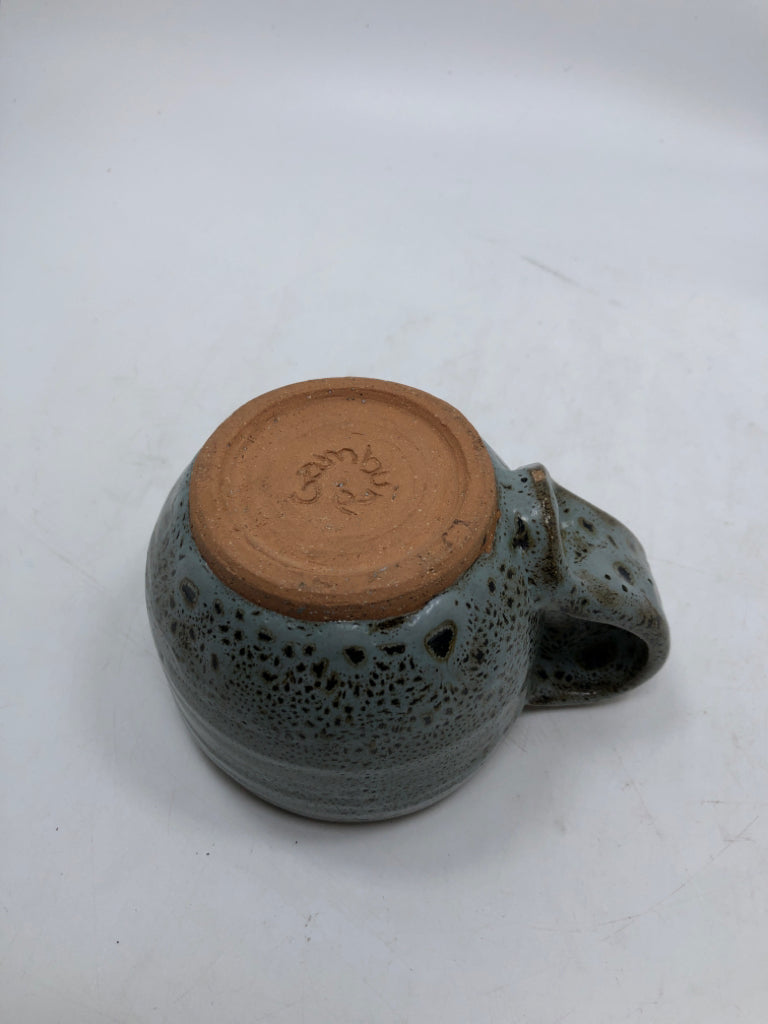 DUSTY BLUE BROWN SPOTTED POTTERY MUG.