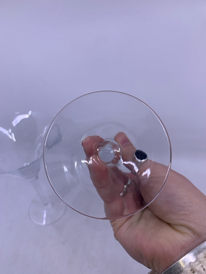 2 LARGE CLEAR GLASS MARTINI GLASSES W/ FROSTED CIRCLES.
