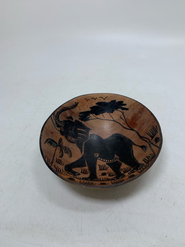 WOOD CARVED BOWL W/ PAINTED ELEPHANT.