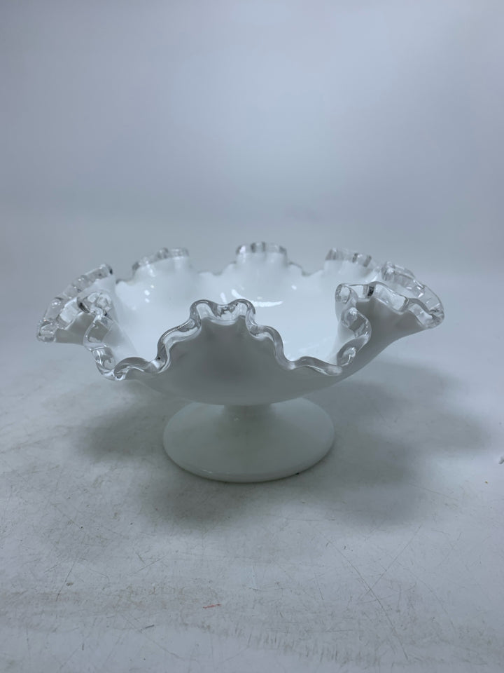 FOOTED MILK GLASS BOWL W/ RUFFLED EDGE.
