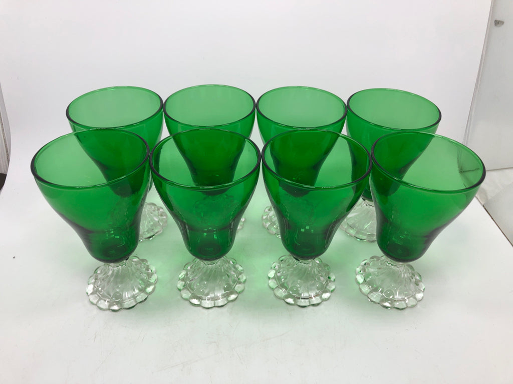 8 GREEN GLASS GOBLETS W/CLEAR GLASS BUBBLE BASE.