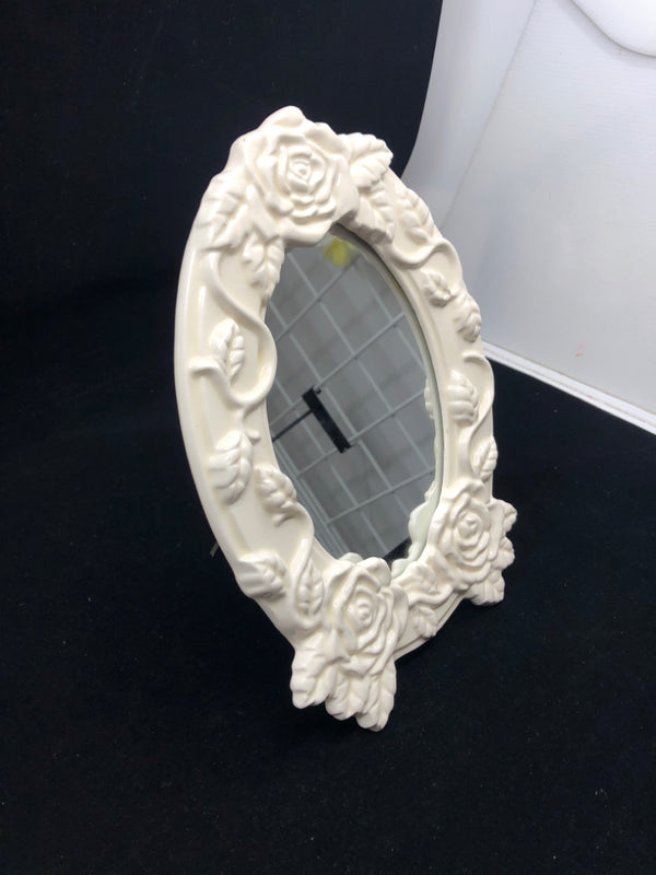 WHITE EMBOSSED ROSE MIRROR.