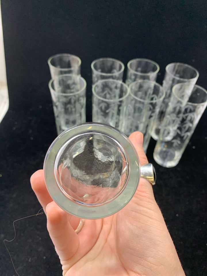 9 VTG SASAKI BAMBOO ETCHED CRYSTAL HIGHBALL GLASSES.