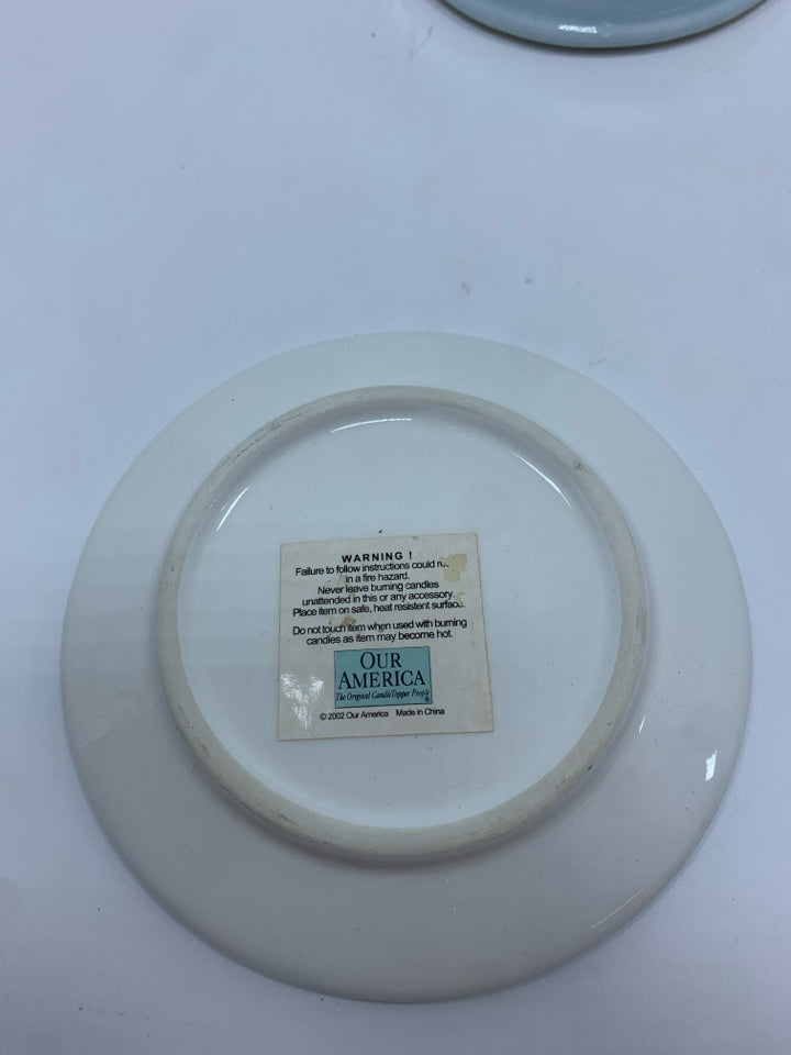 2PC "OUR AMERICA" BLUE FLORAL CANDLE PLATE & SHADE.