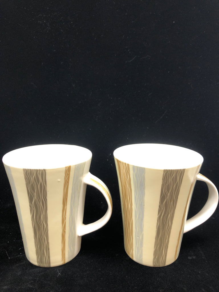 2 GREY/TAN STRIPE COFFEE MUGS.