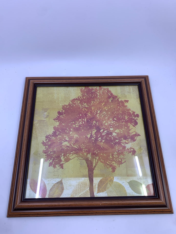 ORANGE LEAF W FAUX WOOD FRAME WALL ART.