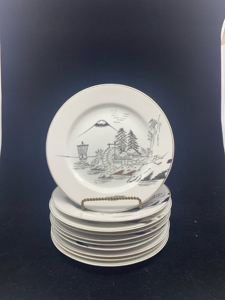 10 VTG KUTAMI MT FUJI MOUNTAIN SCAPE DESSERT PLATES.