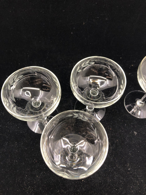 4 ETCHED SMALL WINE COUPE GLASSES.