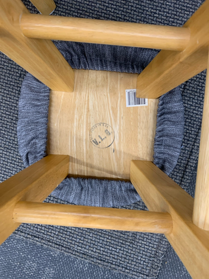 3 LT WOOD STOOLS W/GREY FABRIC SEAT COVERS.