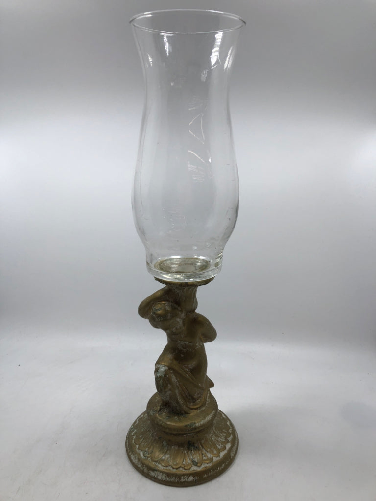 GOLD FINISHED CHERUB HURRICANE CANDLE HOLDER.