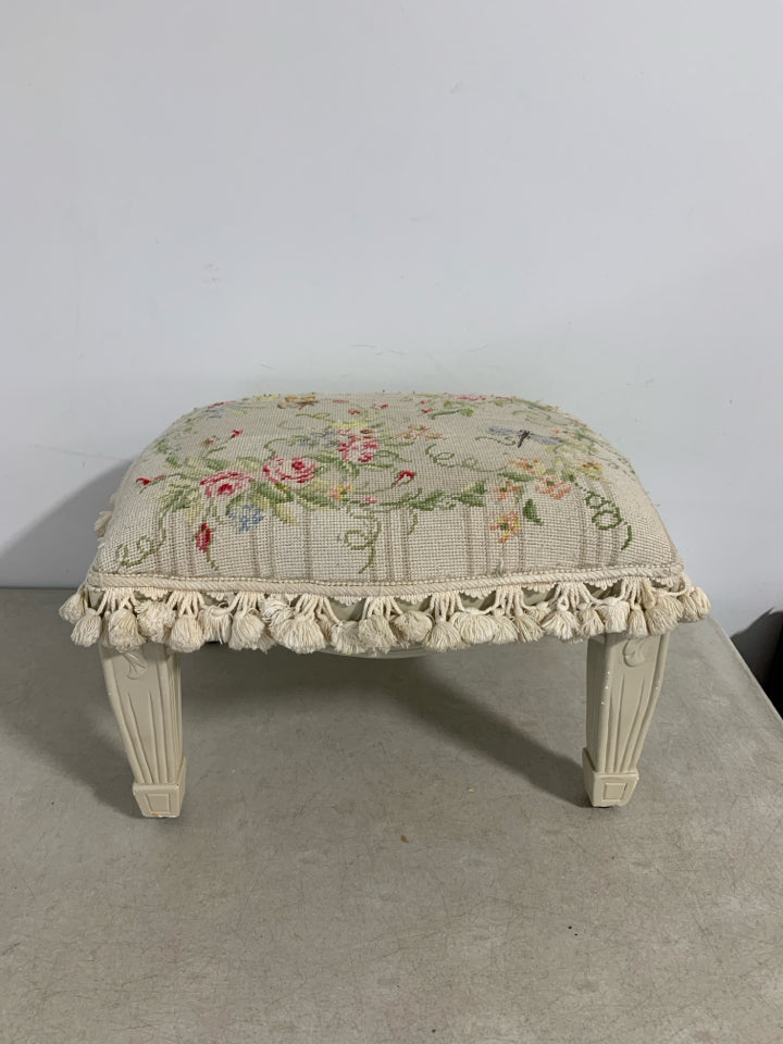 EMBROIDERED FLOWER/BUTTERFLY FOOT STOOL W/ FRINGE.