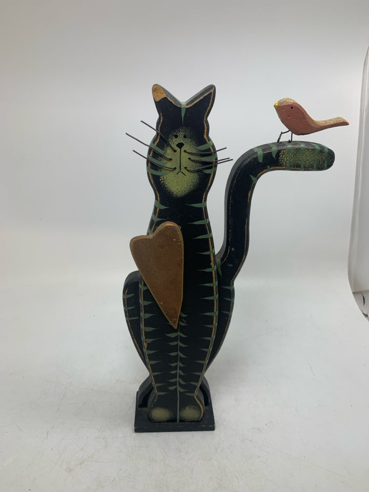 STANDING WOOD BLACK STRIPED CAT W/ BIRD OF TAIL.