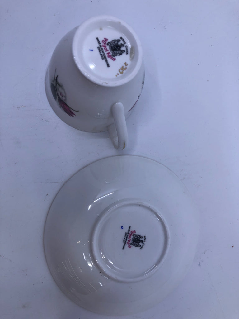PINK FLORAL W WHITE FLORAL ACCENTS TEACUP AND SAUCER- ROYAL KENT.