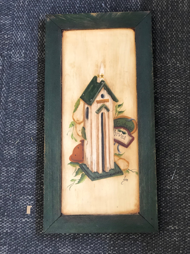 BIRDHOUSE IN GREEN FRAME WALL ART.