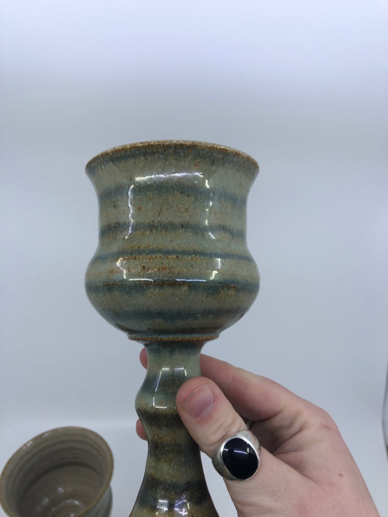 2 POTTERY GOBLETS GREEN- SIGNED.