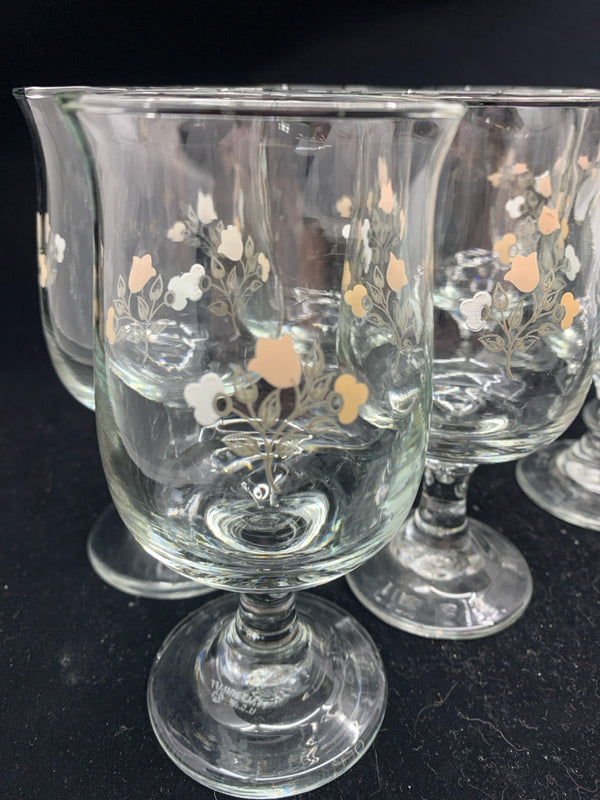 8 FOOTED FLORAL WATER GLASSES.