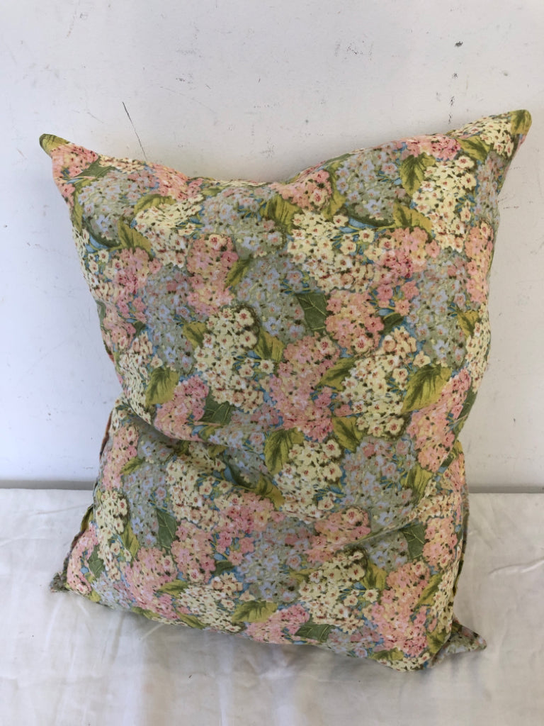 PINK AND BLUE FLORAL RECTANGLE PILLOW.