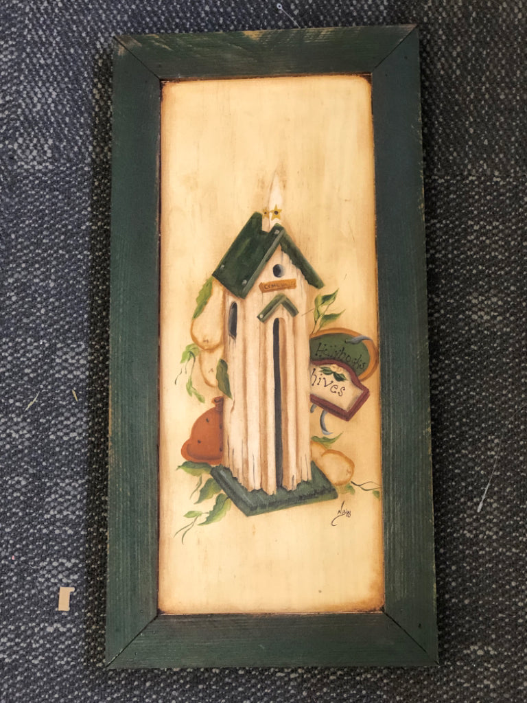 BIRDHOUSE IN GREEN FRAME WALL ART.