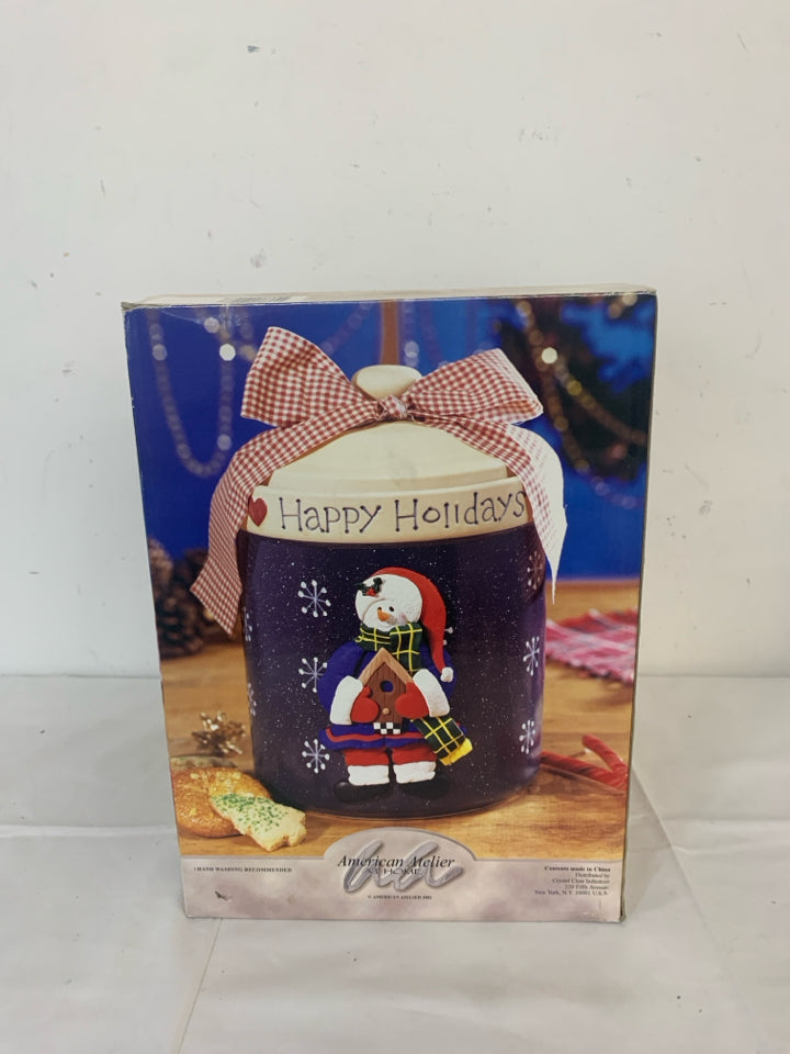 NIB HAPPY HOLIDAY SNOWMAN COOKIE JAR.