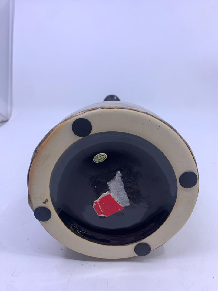 CERAMIC VASE W/ BROWN NECK TAN BOTTOM PINCHED EDGE.