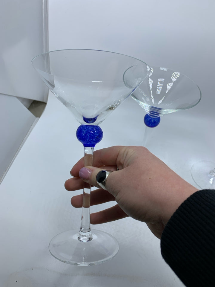 4 MARTINI GLASSES W/ BLOWN GLASS BLUE BALL.