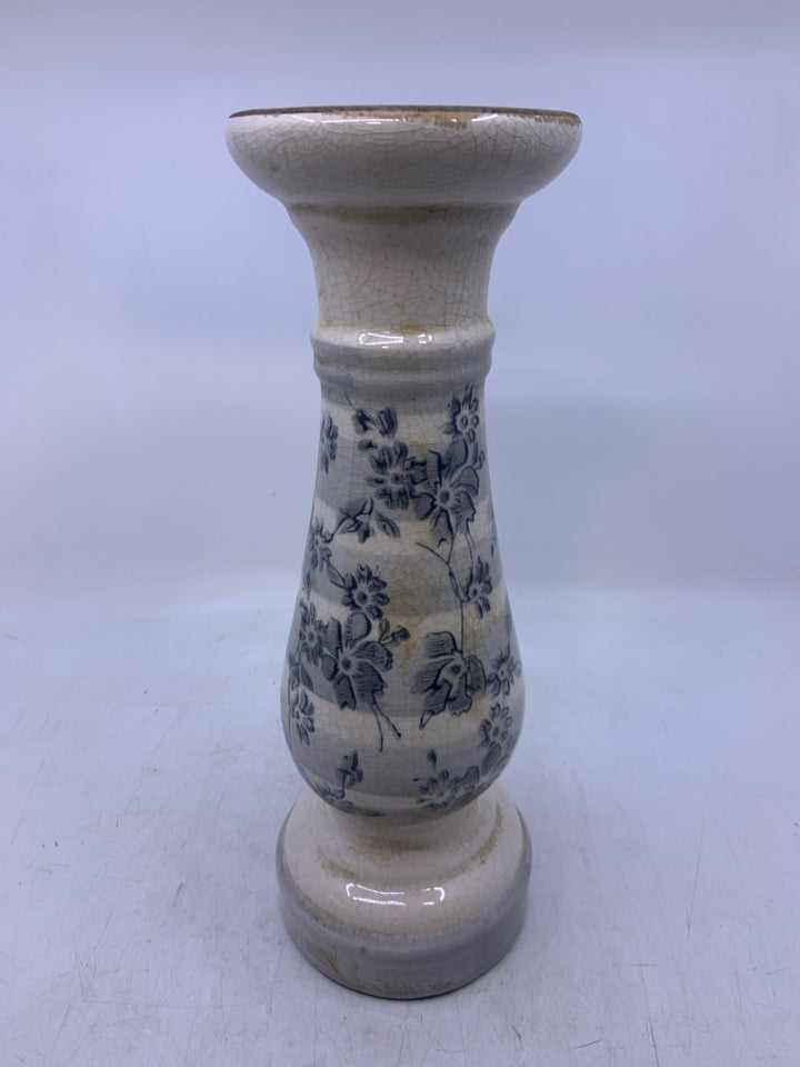 CERAMIC WHITE/GREY CRACKLE W/ FLORAL PILLAR CANDLE HOLDER.