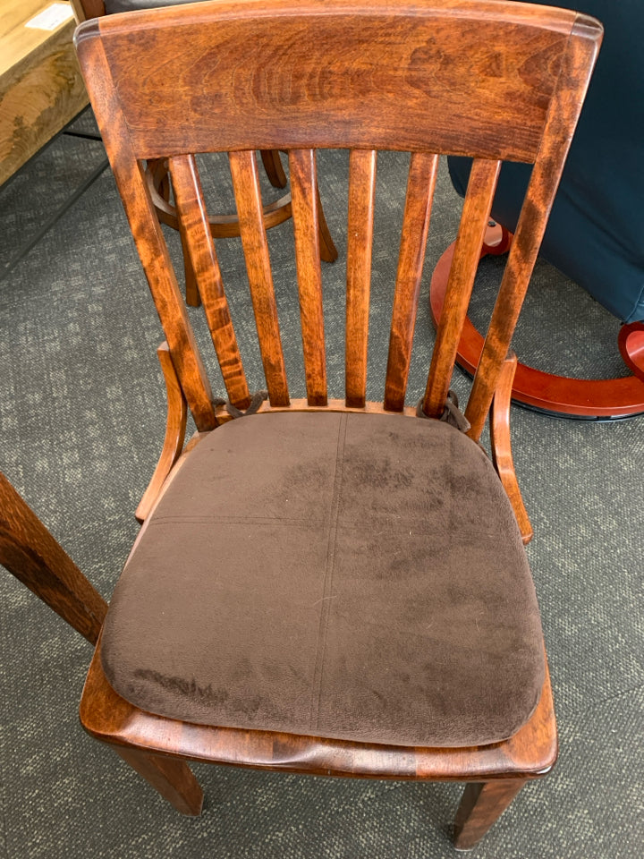 HEAVY WOOD DESK W/2 DRAWERS & CHAIR W/BROWN CUSHION.