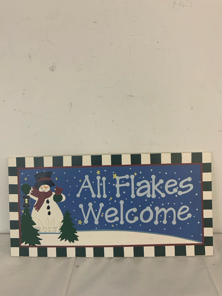 ALL FLAKES WELCOME SNOWMAN WALL HANGING.