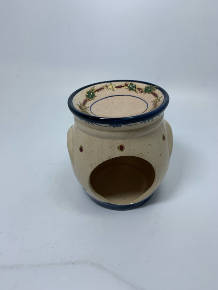 TAN TART WARMER W/ BELLS & CARDINALS.