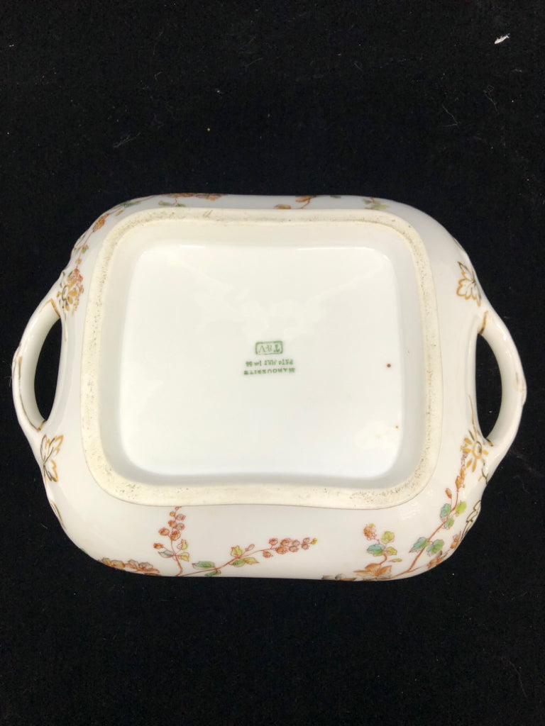 VTG LIMOGES COVERED DISH W/HANDLES- T&V MARGUERITE BROWN BLOSSOM.