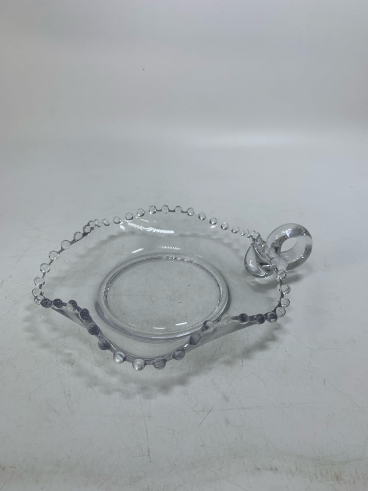 SHALLOW CLEAR GLASS CANDY DISH W/ BEADED RUFFLE EDGE & HANDLES.