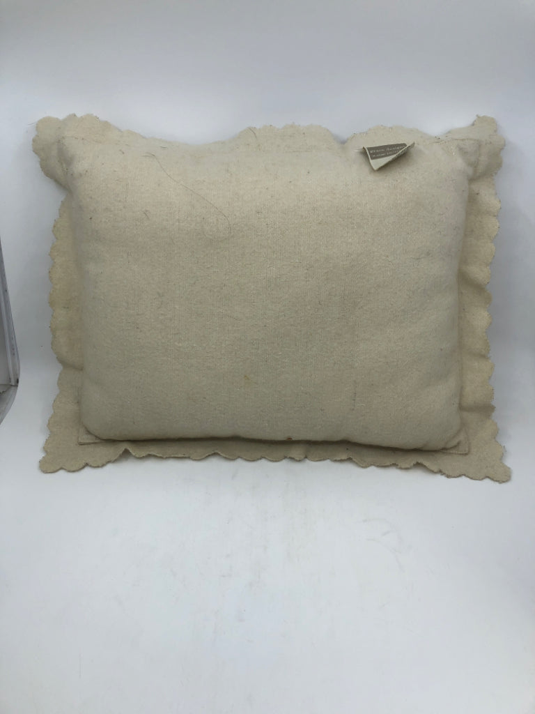 CREAM PILLOW W/ EMBROIDERED RED ROSES W/ SCALLOP TRIM GRACE DESIGNS.