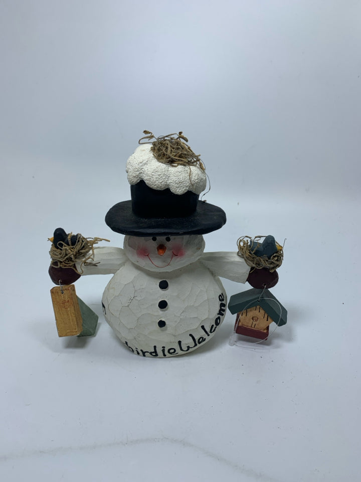 PRIMITIVE STYLE SNOWMAN HOLDING BIRDS & BIRDHOUSES.