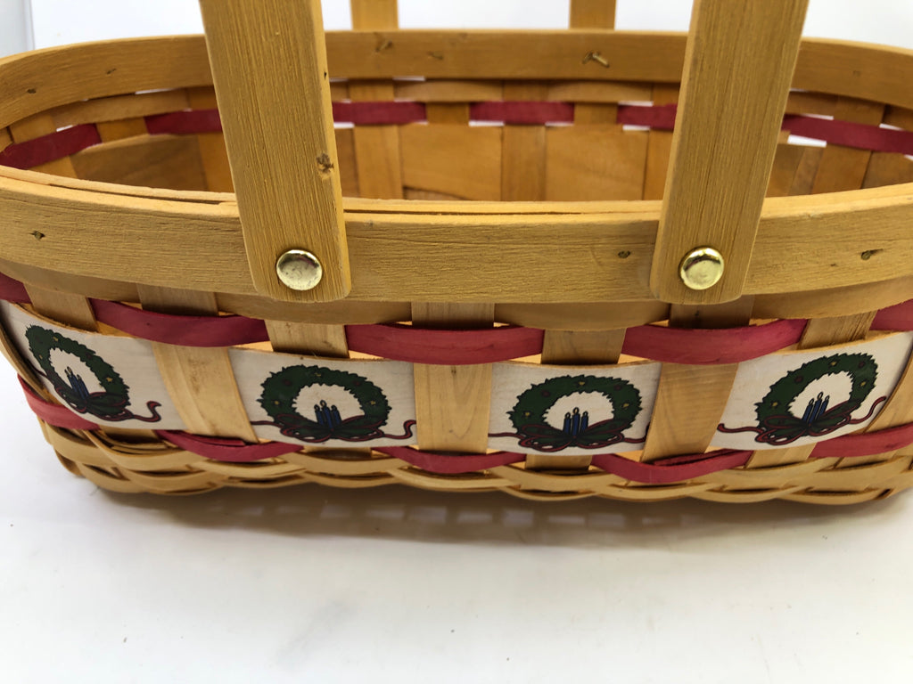 OVAL BLONDE/RED BASKET WITH WREATH DESIGN DOUBLE HANDLE.