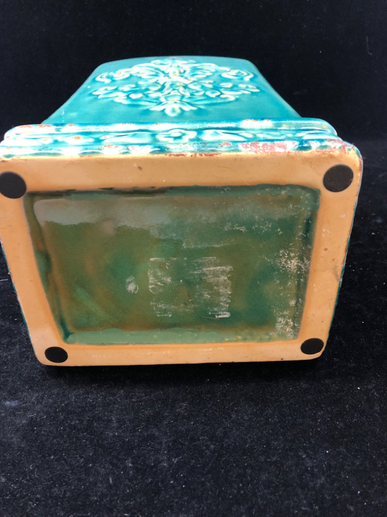 TEAL CERAMIC VASE W/ EMBOSSED MEDAILION RUSTIC LOOK.