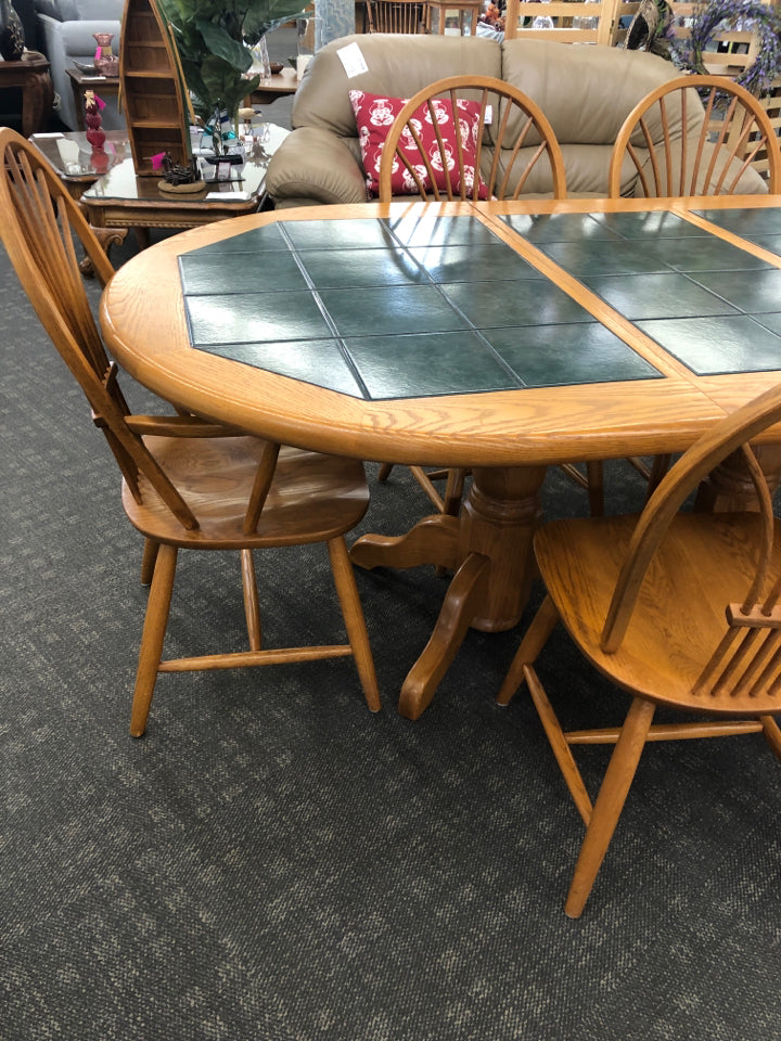 MAPLE WITH GREEN TILE DINING TABLE W/ 6 CHAIRS- 2 CAPTAIN.