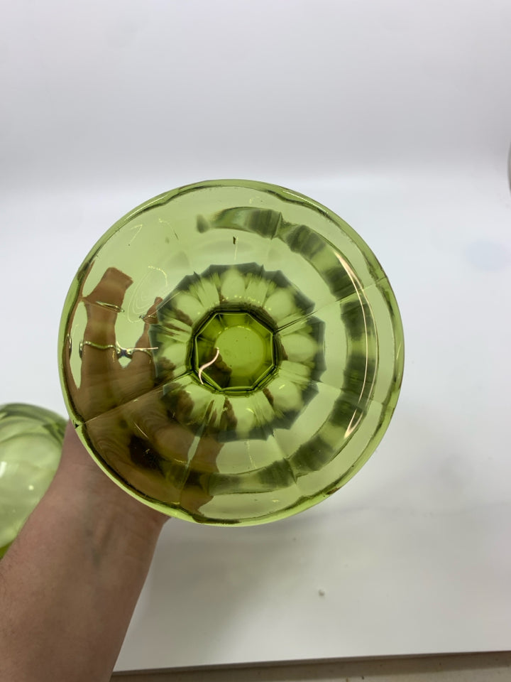 VTG THICK GREEN GLASS FOOTED COVERED DISH.