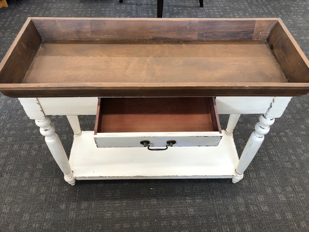 RUSTIC WOOD-TOP CREAM CONSOLE TABLE.
