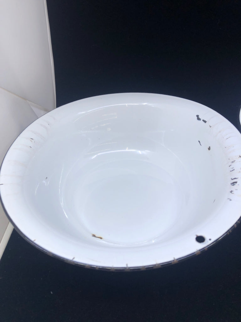 2 WHITE METAL ENAMEL BOWLS.