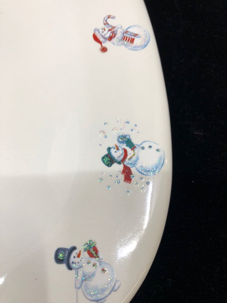 WHITE RECTANGLE GLITTER SNOWMAN SERVING PLATTER.