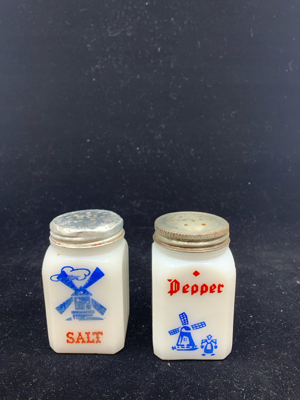 VTG WHITE WINDMILL MILK GLASS SALT AND PEPPER SHAKERS.