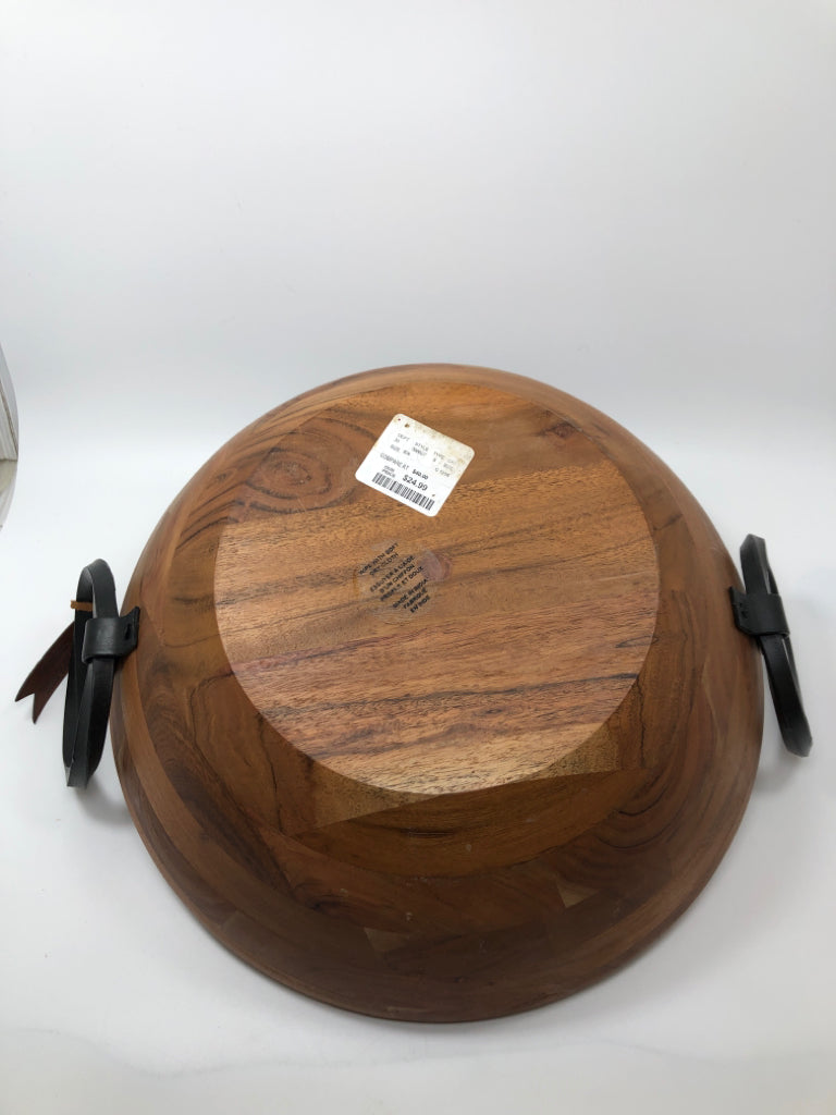 WOODEN SERVING BOWL W/ METAL HANDLES.