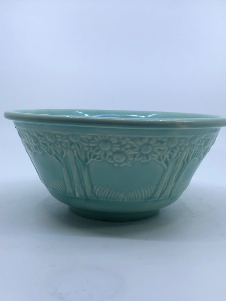 VTG TEAL BOWL W BLOOMING TREE DESIGN.