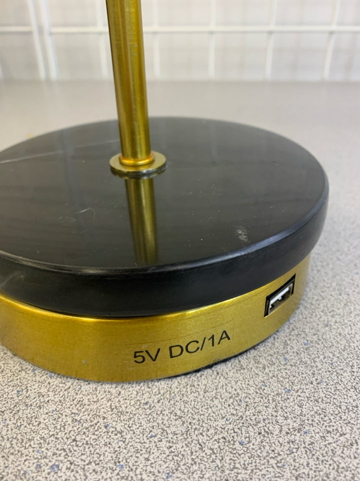 BLACK GOLD BASE LAMP W/WHITE SHADE.